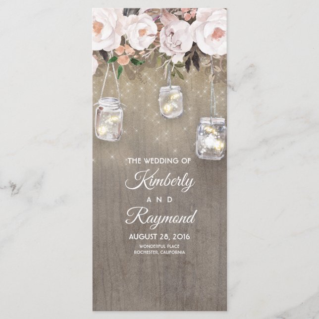 Floral Rustic Mason Jar Lights Hochzeitsprogramme Programm (Vorderseite)