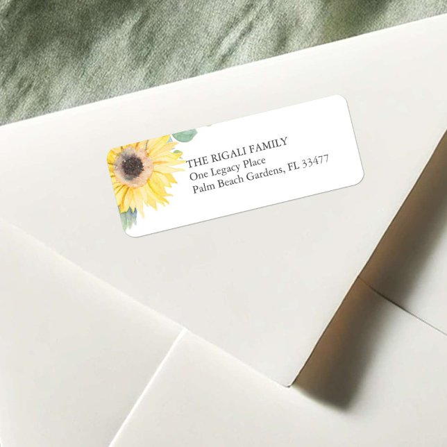 Floral Rustic Tournesol Pays Étiquette de adresse  (Sunflower & eucalyptus return address labels watercolor art by Victoria Grigaliunas of VG Invites)