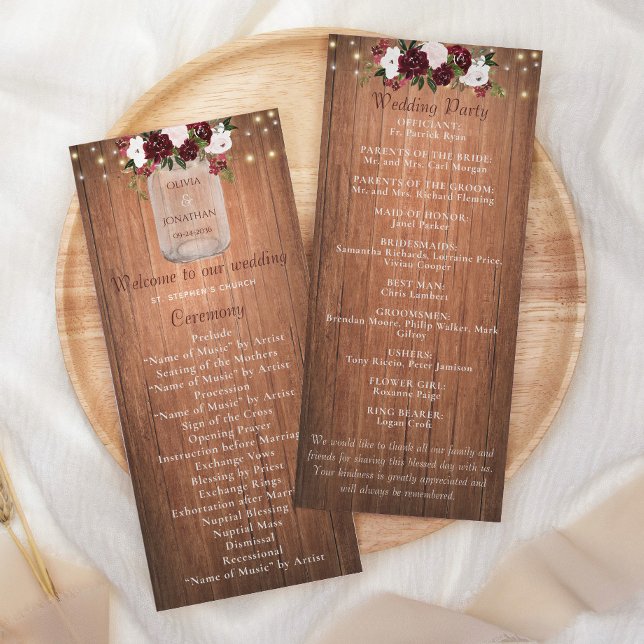 Floral Rustic Wood Mason Jar Burgundy Wedding Programm (Von Creator hochgeladen)