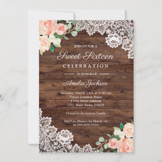 Floral Rustique dentelle Sweet sixteen Invitation (Devant)