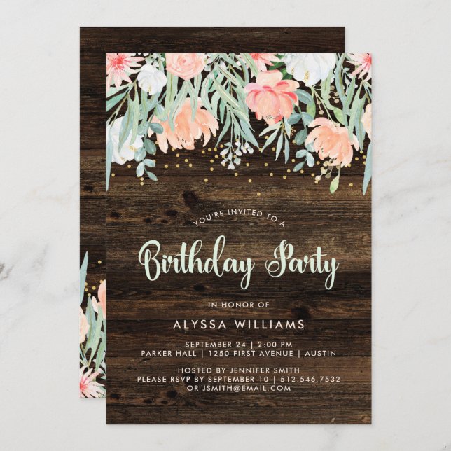 Floral rustique | Invitation de fête d'anniversair (Devant / Derrière)