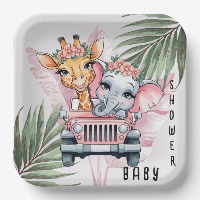 Floral Safari Adventure Pink Girl Baby Dusche Pappteller (Vorderseite)
