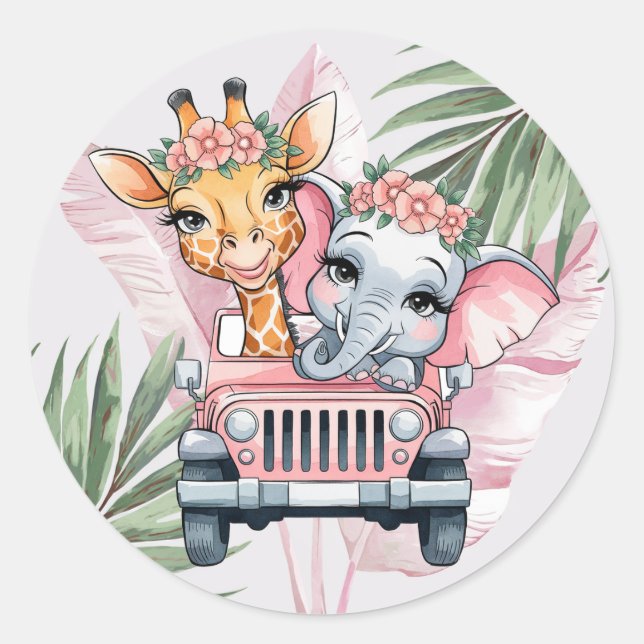 Floral Safari Adventure Pink Girl Baby Dusche Runder Aufkleber (Vorderseite)
