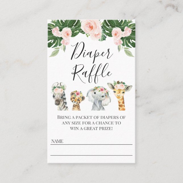 Floral Safari Baby Showdusche Windeln Raffle Ticke Visitenkarte (Vorderseite)