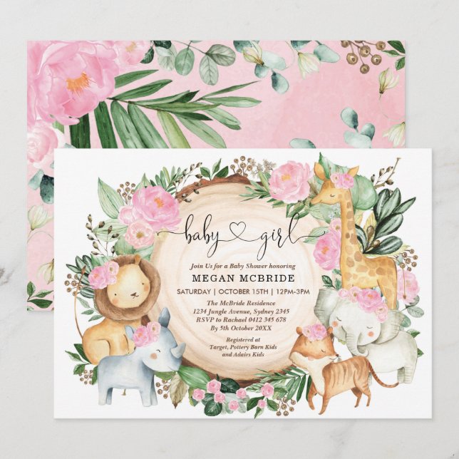 Floral Safari Jungle Greenery Girl Babydusche Einladung (Vorne/Hinten)
