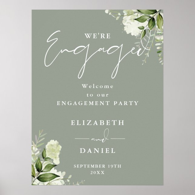 Floral Sage Green Engagement Affiche de bienvenue (Devant)
