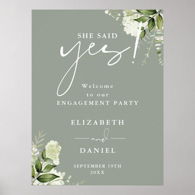 Floral Sage Green Engagement Affiche de bienvenue (Devant)