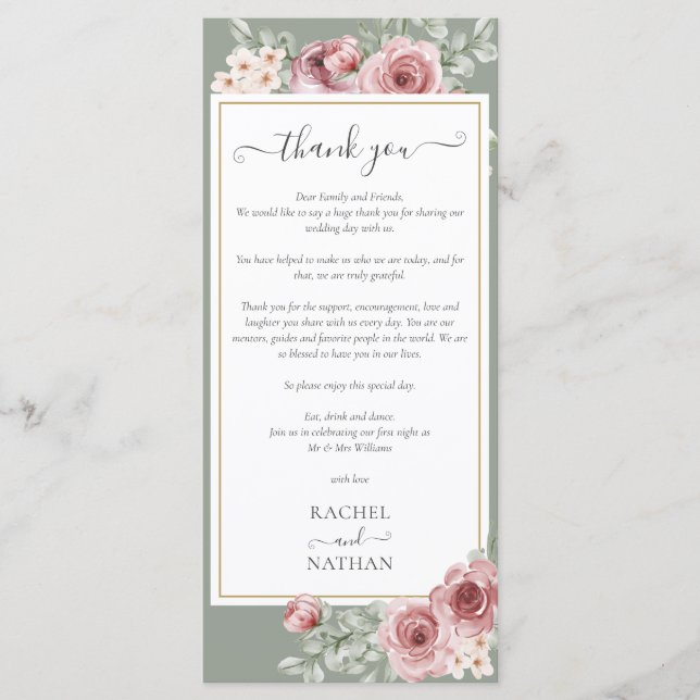 Floral Sage Green Wedding Danke Platzkarte Menükarte (Vorderseite)