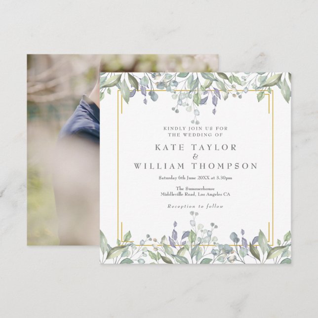 Floral Sage Lilac Greenerity Square Wedding Foto Einladung (Vorne/Hinten)
