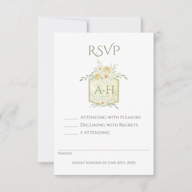 Floral Sage Watercolor Monogram Crest Wedding  RSVP Karte (Vorderseite)