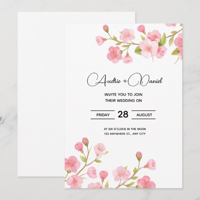 Floral Sakura Cherry Wedding Einladungskarte (Vorne/Hinten)