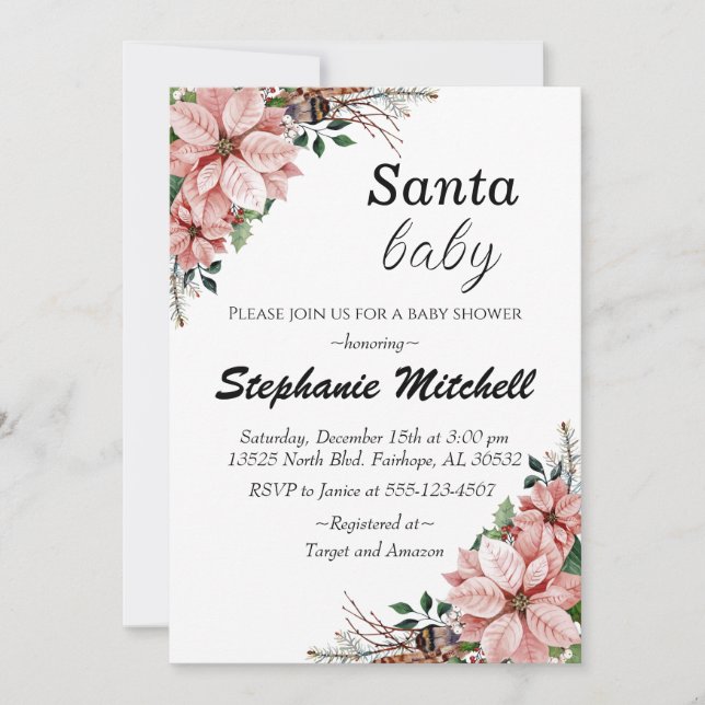 Floral Santa Baby Weihnachtsdusche Einladung (Vorderseite)