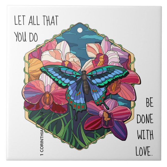 Floral/Schmetterling, mit Vers 1 Korinther 16:14 Fliese (Vorderseite)