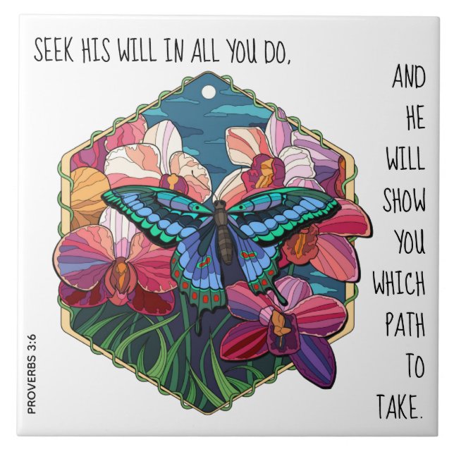 Floral / Schmetterling, w Vers von Proverben 3:6 Fliese (Vorderseite)