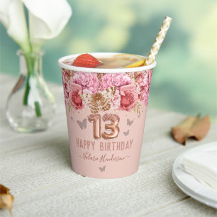 Floral Schmetterlinge Rosa Glückwunsch 13. Geburt Pappbecher