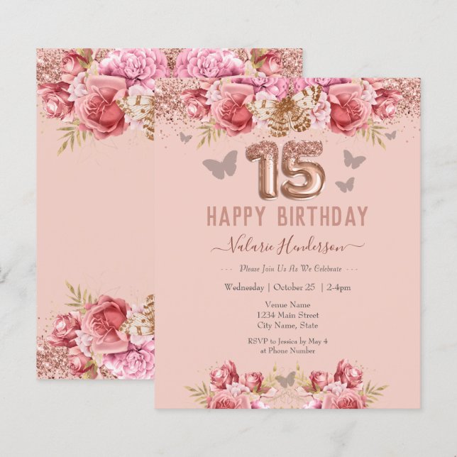 Floral Schmetterlinge Rosa Glückwunsch 15. Geburts (Vorne/Hinten)