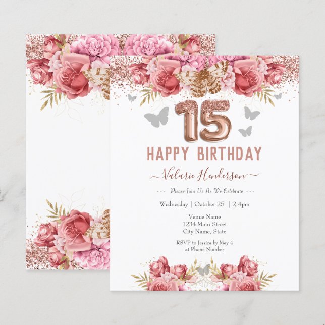 Floral Schmetterlinge Rosa Glückwunsch 15. Geburts (Vorne/Hinten)