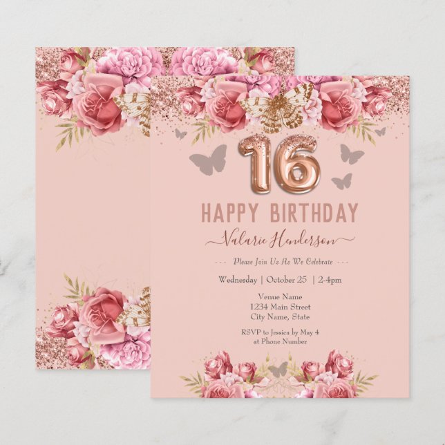 Floral Schmetterlinge Rosa Glückwunsch 16. Geburts (Vorne/Hinten)