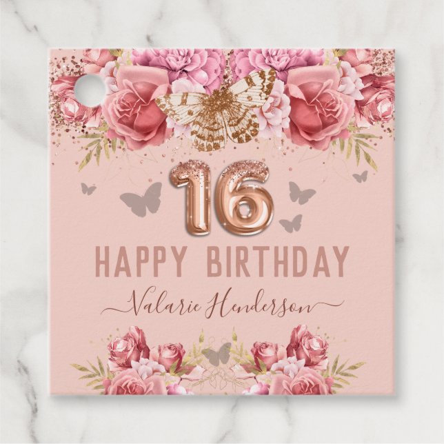 Floral Schmetterlinge Rosa Glückwunsch 16. Geburts Geschenkanhänger (Vorderseite)