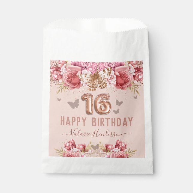 Floral Schmetterlinge Rosa Glückwunsch 16. Geburts Geschenktütchen (Vorderseite)