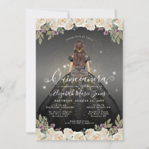 Floral Schwarz-weiß Glam Princess Quinceanera Einladung