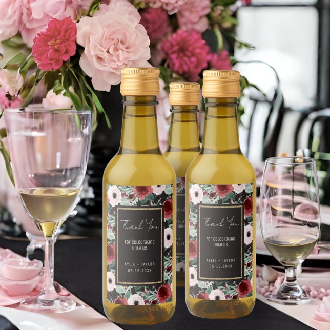 Floral Schwarz-weiß Gold Magenta Gastgeschenk Hoch Weinetikett (Von Creator hochgeladen)