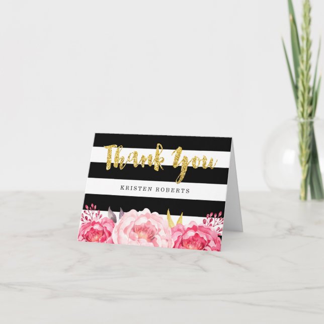 Floral Schwarz-weiß Stripes Gold Glitzer Vielen Da Dankeskarte (Vorderseite)