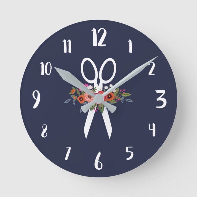 Floral Scissors - Navy Blue Hair Salon Runde Wanduhr (Vorderseite)