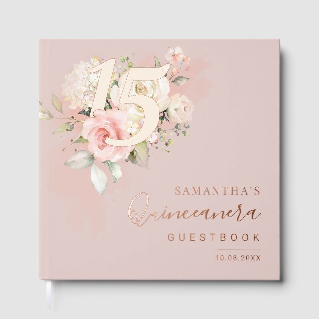 Floral Script Modern 15th Birthday Quinceanera Gästebuch (Vorderseite)