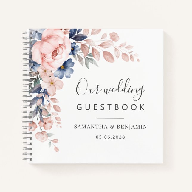 Floral Script Rose Aquarelle Mariage Livre d'invit (Devant)