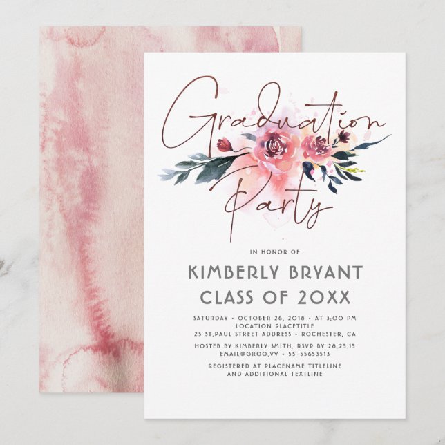 Floral Script Watercolor Elegante Graduierungspart Einladung (Vorne/Hinten)