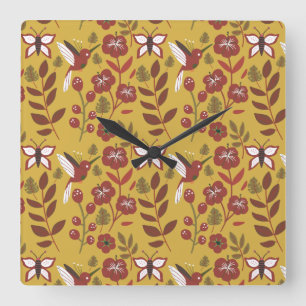 Floral seamless pattern flowers, butterfly, red quadratische wanduhr