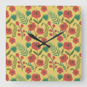 Floral seamless pattern red yellow green flowers quadratische wanduhr