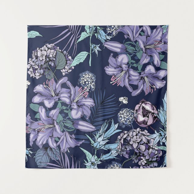 Floral seamless pattern. There are Lily, Hydrangea Wandteppich (Vorderseite)