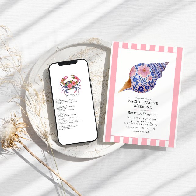 Floral Seashell Coastal Beach Bachelorette Weekend Einladung (Floral Seashell Coastal Beach Bachelorette Weekend Invitation)