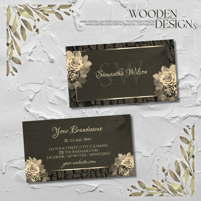 Floral Sepia Gold Dark Brown Wood Grain Monogramm Visitenkarte (Von Creator hochgeladen)
