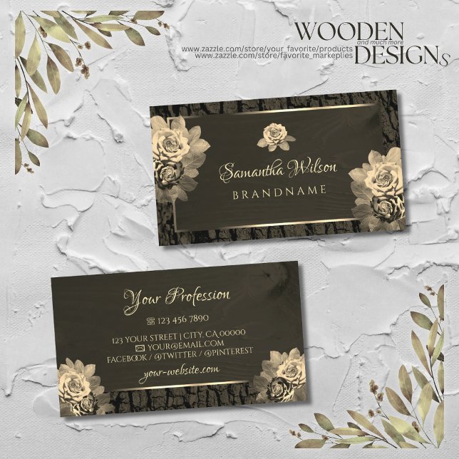 Floral Sepia Gold Dark Brown Wood Grain Tree Bark Visitenkarte (Von Creator hochgeladen)
