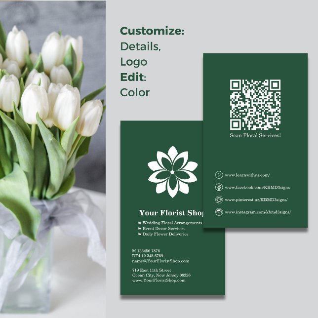 Floral Services fleuriste Vert Carte de visite bla (Floral Services Florist Green White Business Card, Blossom Logo, QR code)