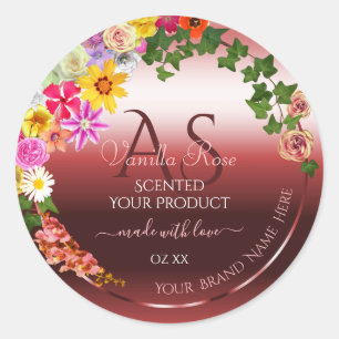Floral Shimmery Red Product Labels Modern Monogram Runder Aufkleber