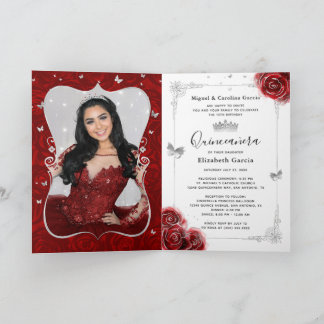 Floral Silber und Rotes Quinceañera Foto geflochte Einladung