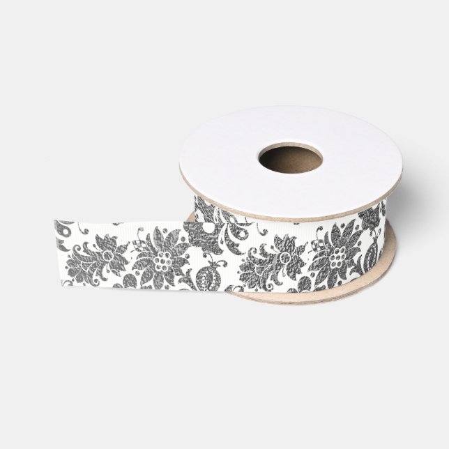 Floral Silver Grau Weiß Weiße Metallische Gefallen Ripsband (Spule)