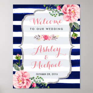 Floral Silver Navy frappe Affiche de bienvenue Mar