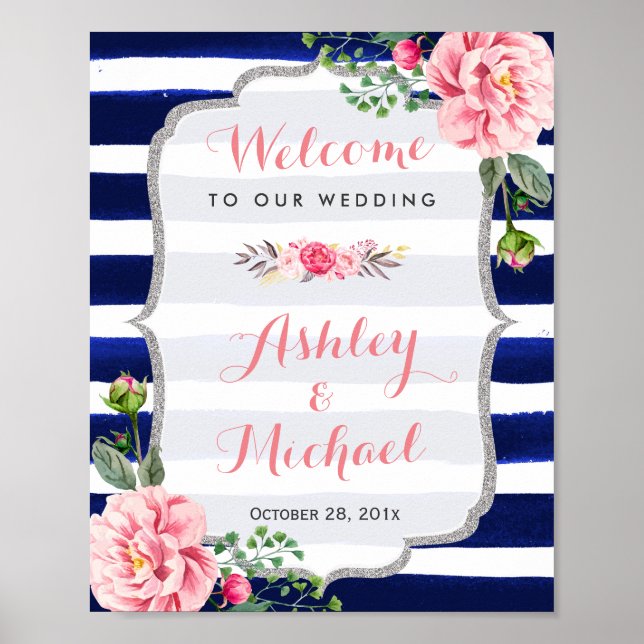 Floral Silver Navy Streifen Hochzeitssymbol Poster (Vorne)