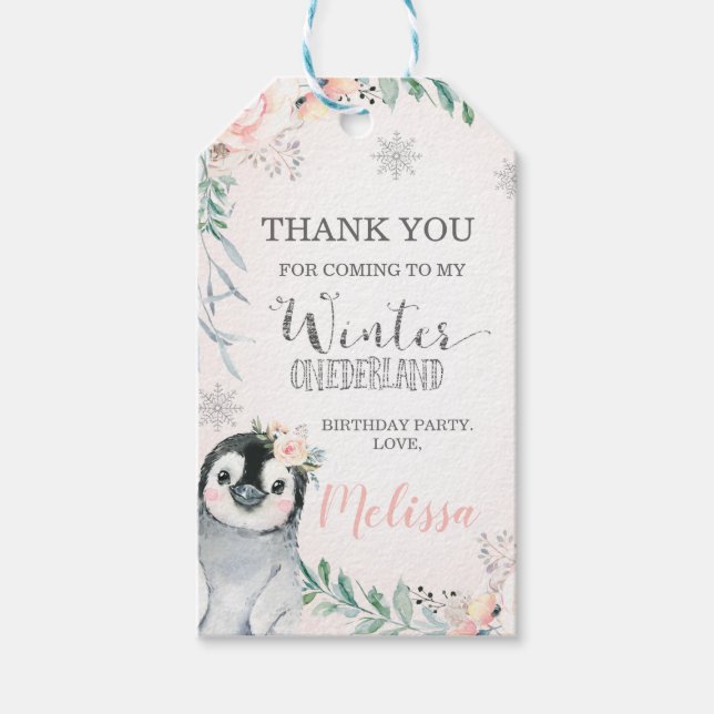 Floral Silver Penguin Winter Onederland Geburtstag Geschenkanhänger (Vorderseite)