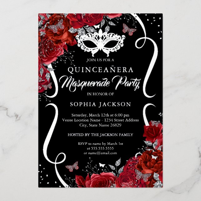 Floral Silver Scroll Masquerade Quinceanera Folieneinladung (Vorderseite)