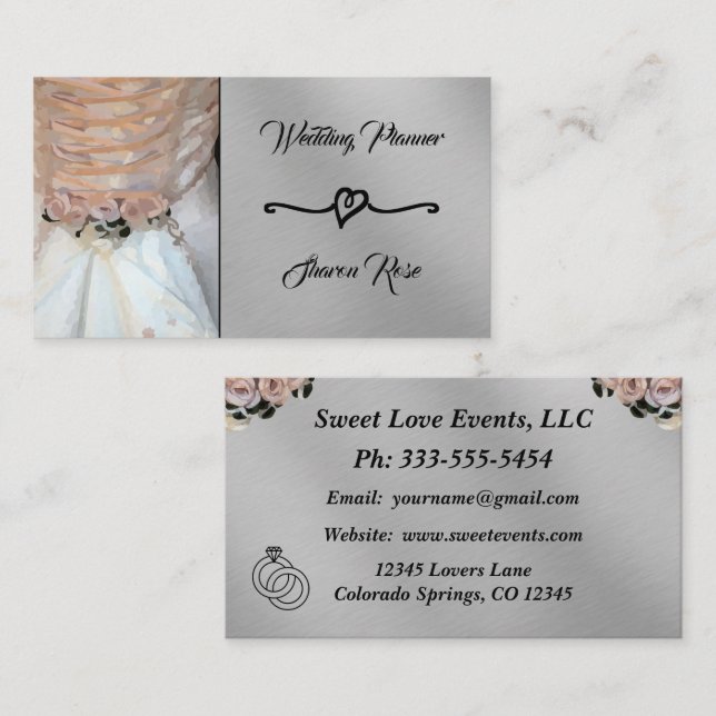 Floral & Silver Wedding Planner Business Card Visitenkarte (Vorne/Hinten)