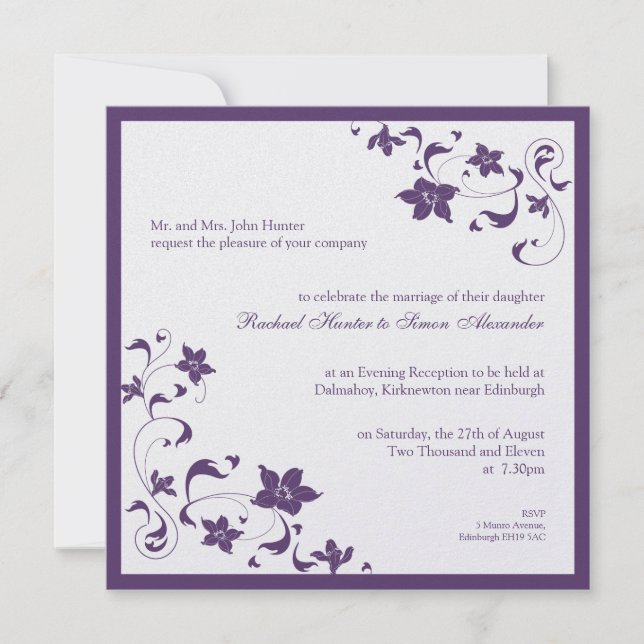 Floral simple Faire-part de mariage - violet (Devant)
