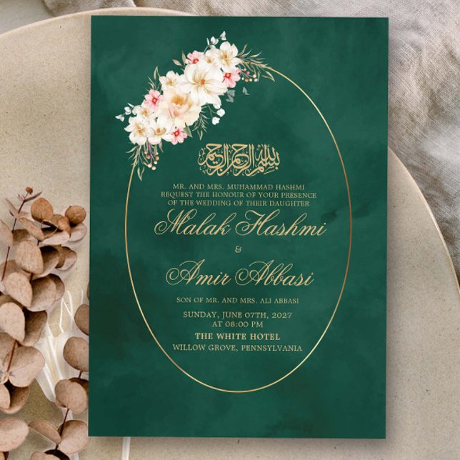 Floral & Simple Frame Green Islamische Hochzeit Einladung (Von Creator hochgeladen)