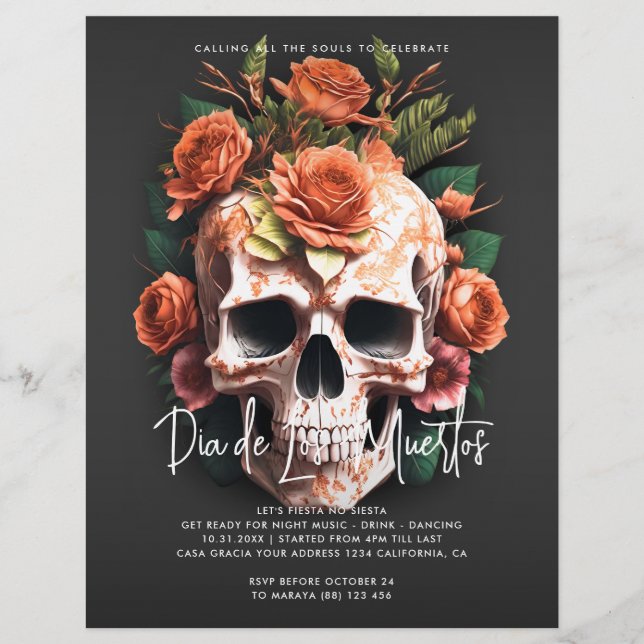 Floral Skull Dia De Los Muertos Party Einladung Flyer (Vorne)