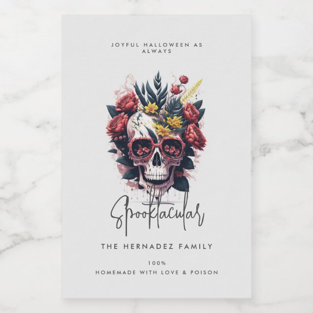 Floral Skull Faboolly Spooktacular Familienname Lebensmitteletikett (Einzelnes Label)